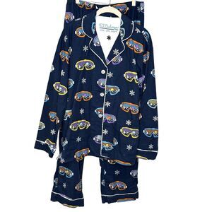 PJ Salvage Pajama Set Womens Small Blue Ski Goggle Print Flannel Top Pants Cozy